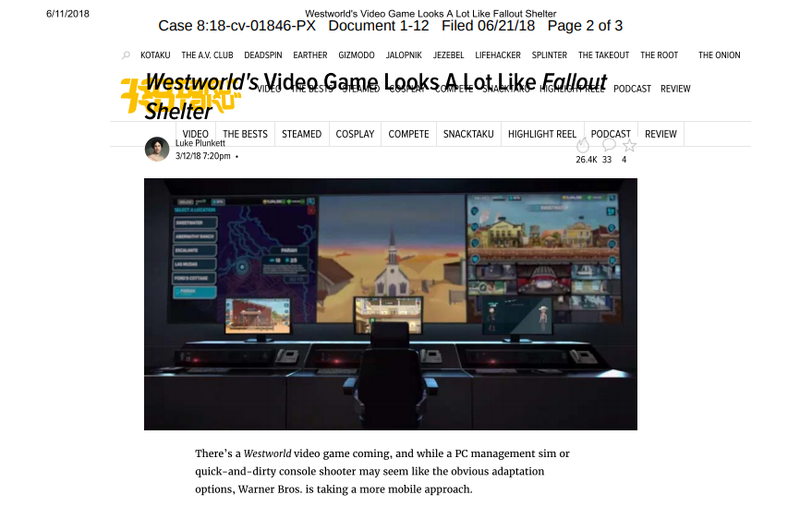 Exhibit L of the lawsuit in which Bethesda cites an article by Kotaku to argue that the two games look very similar.